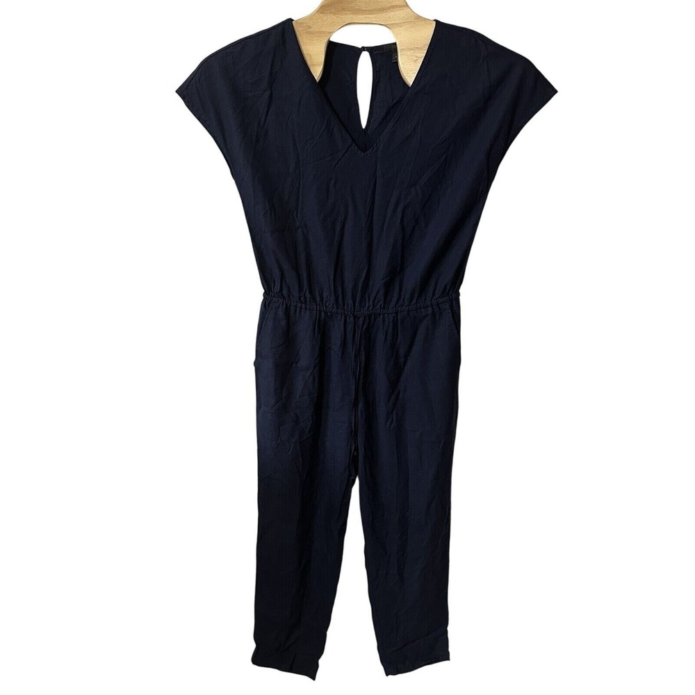 J Crew Relaxed Jumpsuit‎ Vneck Linen Blend Size Small Navy Blue Drawstring